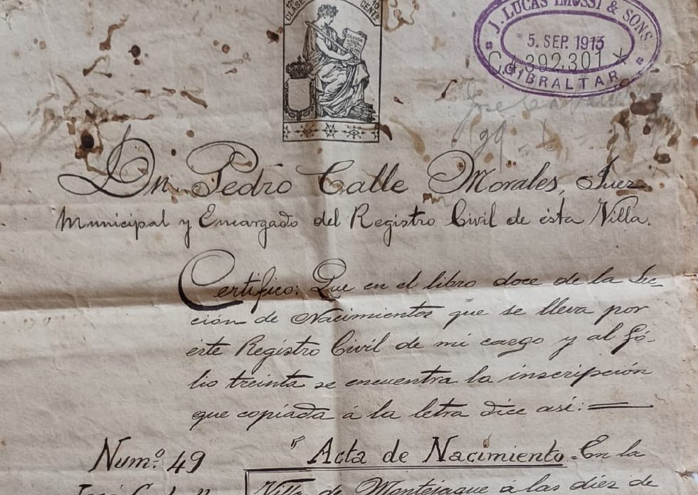 Certidão de nascimento espanhola manuscrita